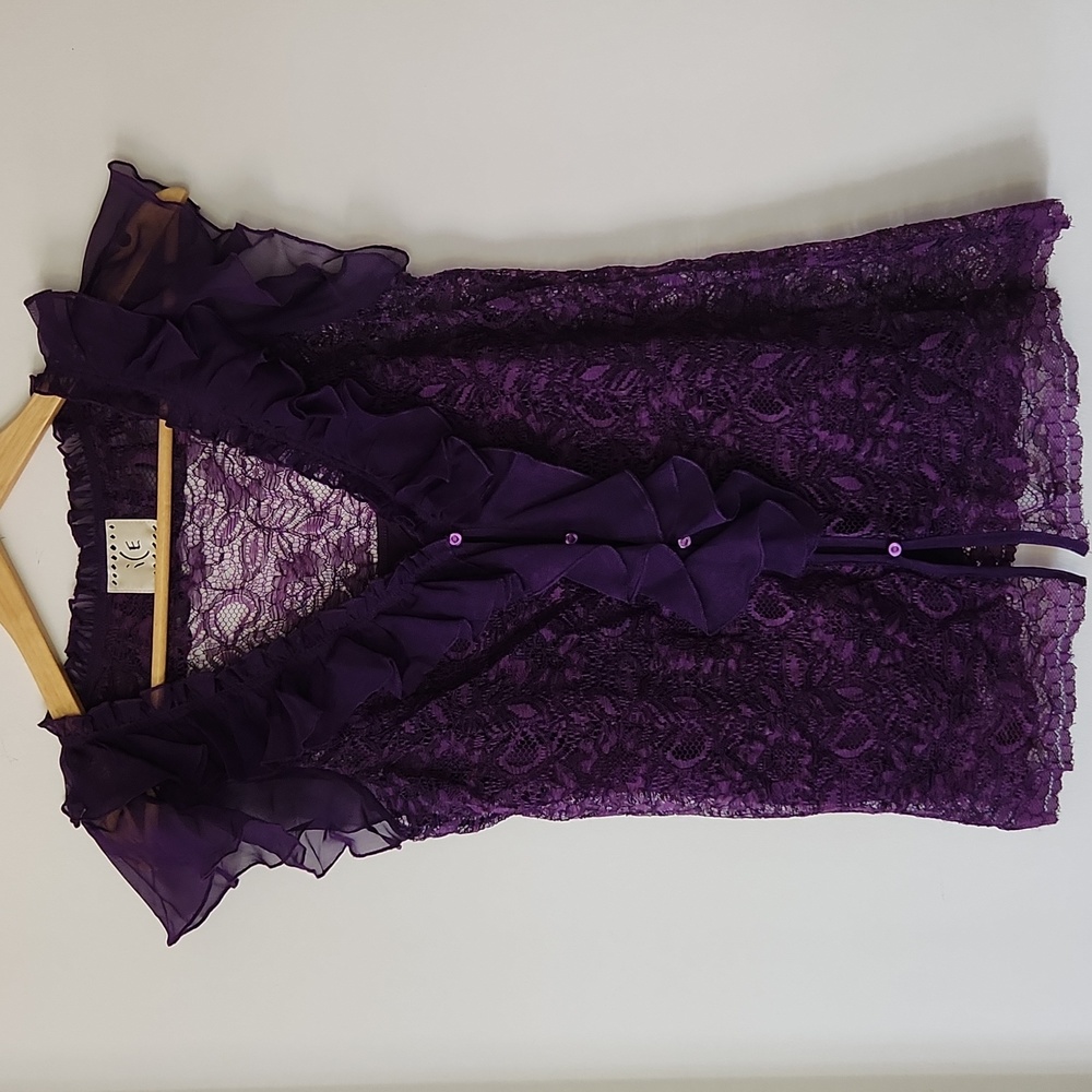 Ice Deep Purple Lace Ruffle V-Neck Blouse